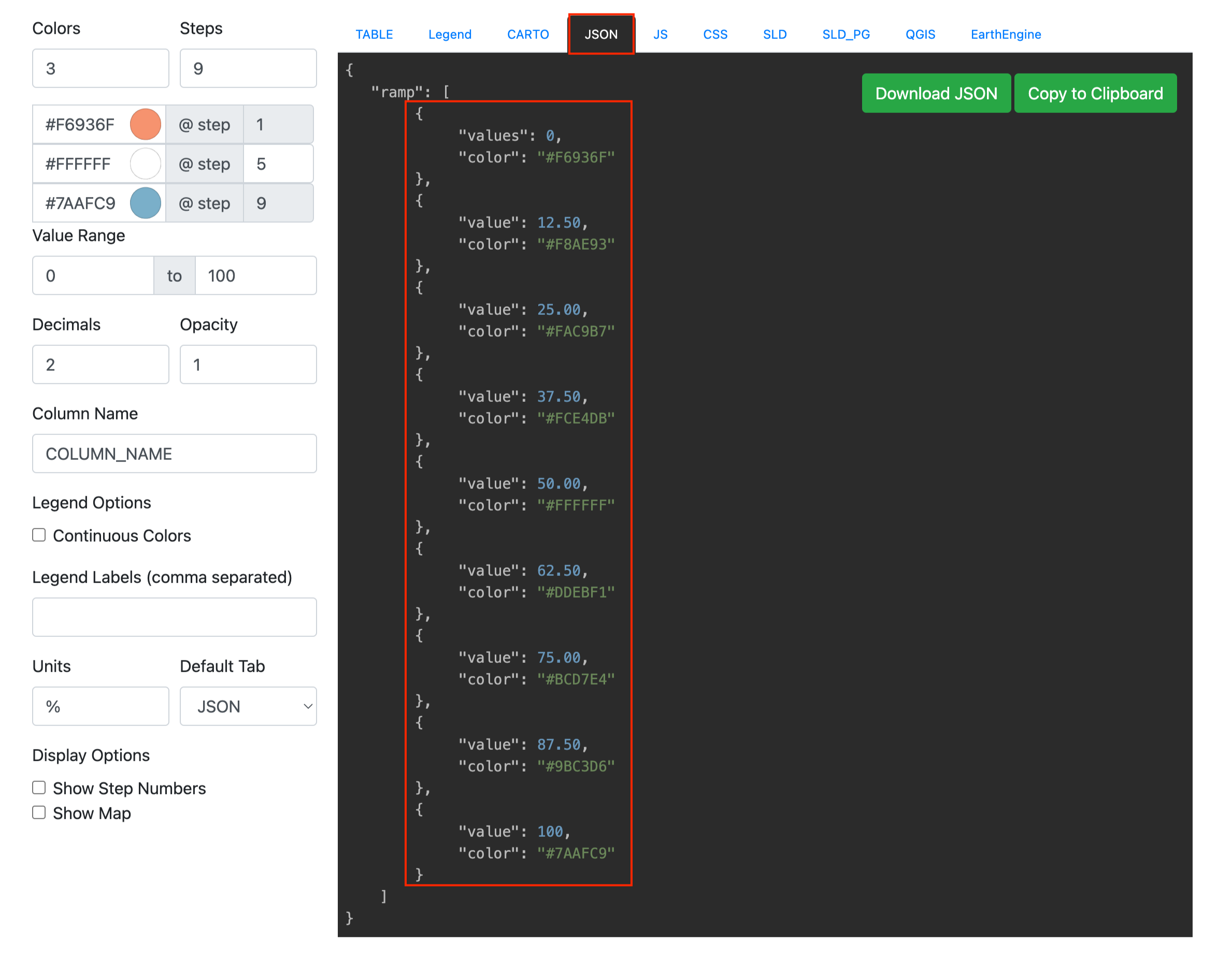 Copy the JSON format result